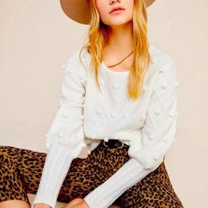 Line & Dot Anthropologie Leah Pom Pom Poofy Sleeve Sweater Cable Knit accent Med